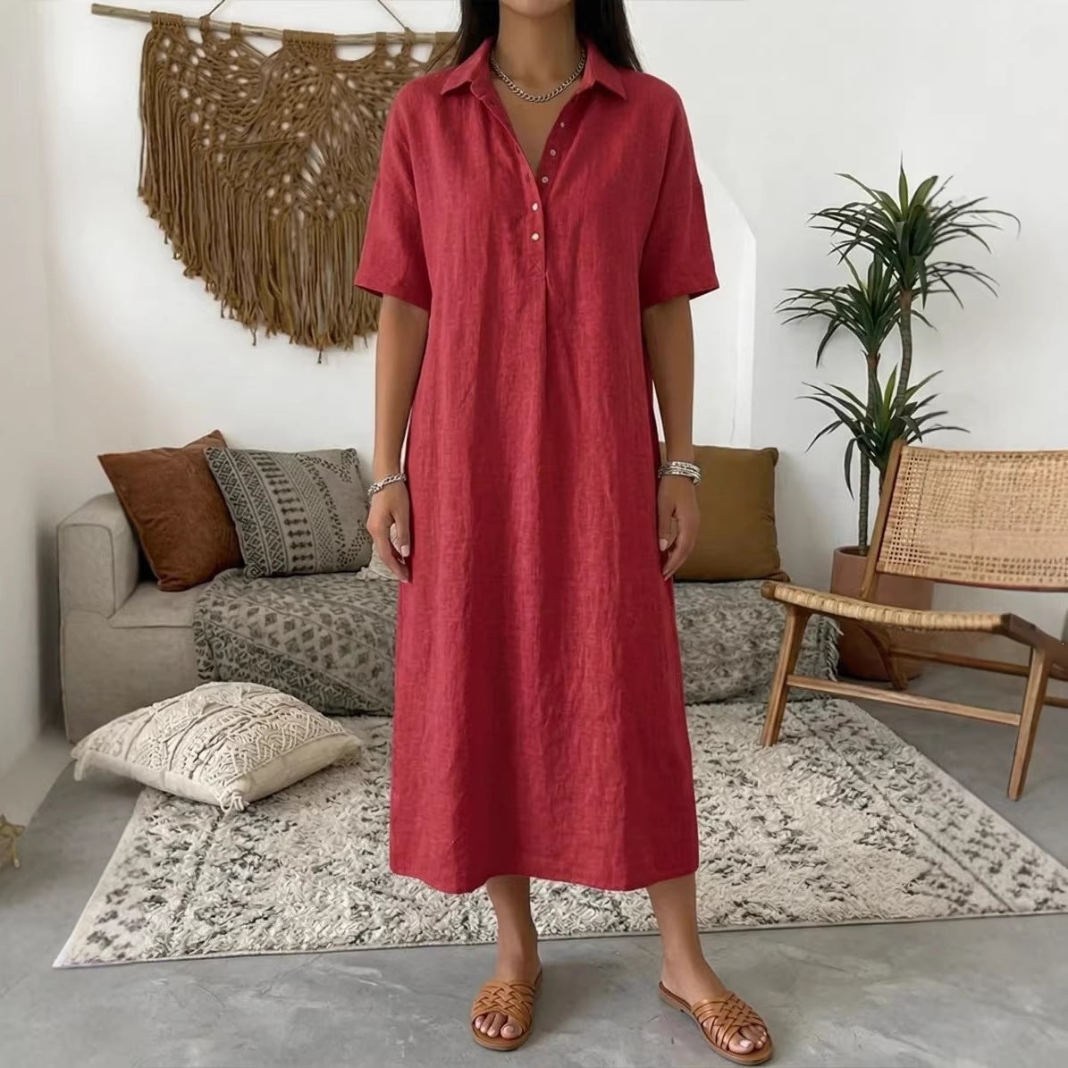 Damen lässiges Hemdkleid aus Leinen-Mischung