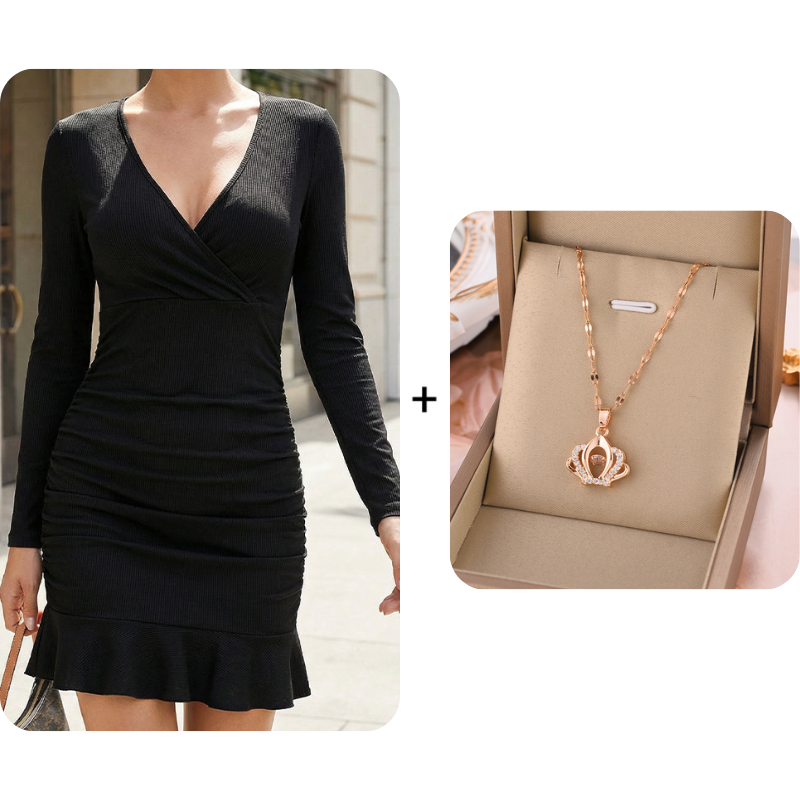 Mini-Kleid mit langen Ärmeln, V-Ausschnitt und gerafftem, figurbetontem Schnitt