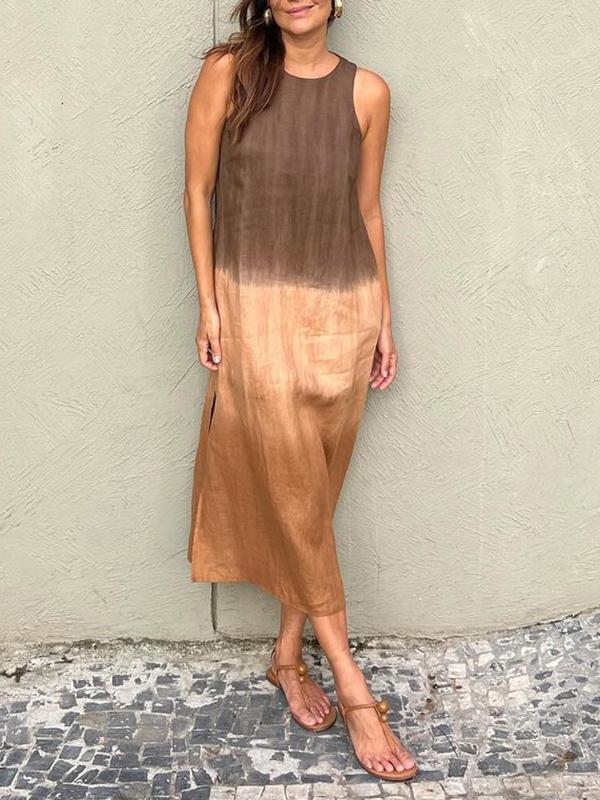 💃Lässiges langes Kleid aus Baumwolle und Leinen, ärmellos, mit Schlitz und Farbverlauf
