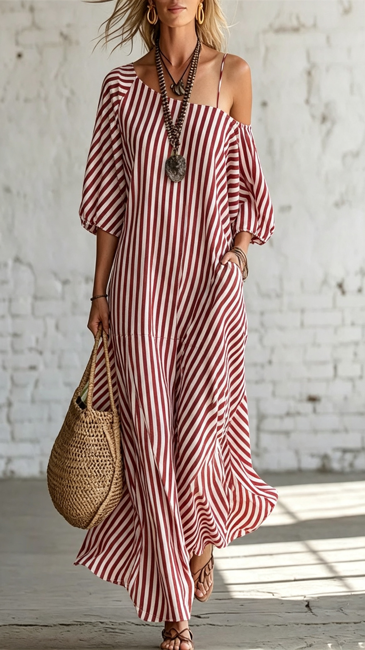 ☀️Damen Ein-Schulter-Streifen-Maxikleid – Fließender Puffärmel-Stil mit müheloser Sommer-Eleganz 🌿