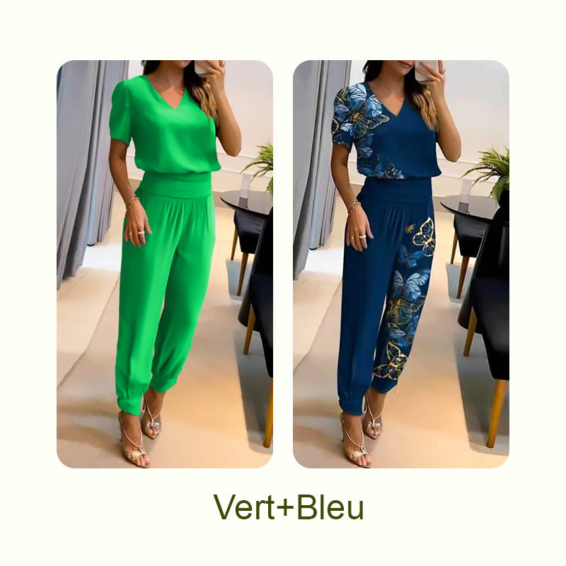 đ„LĂ€ssiges zweiteiliges Set mit kurzĂ€rmligem Oberteil mit V-Ausschnitt und langen Hosen. ă2 kaufen, kostenloser Versandă