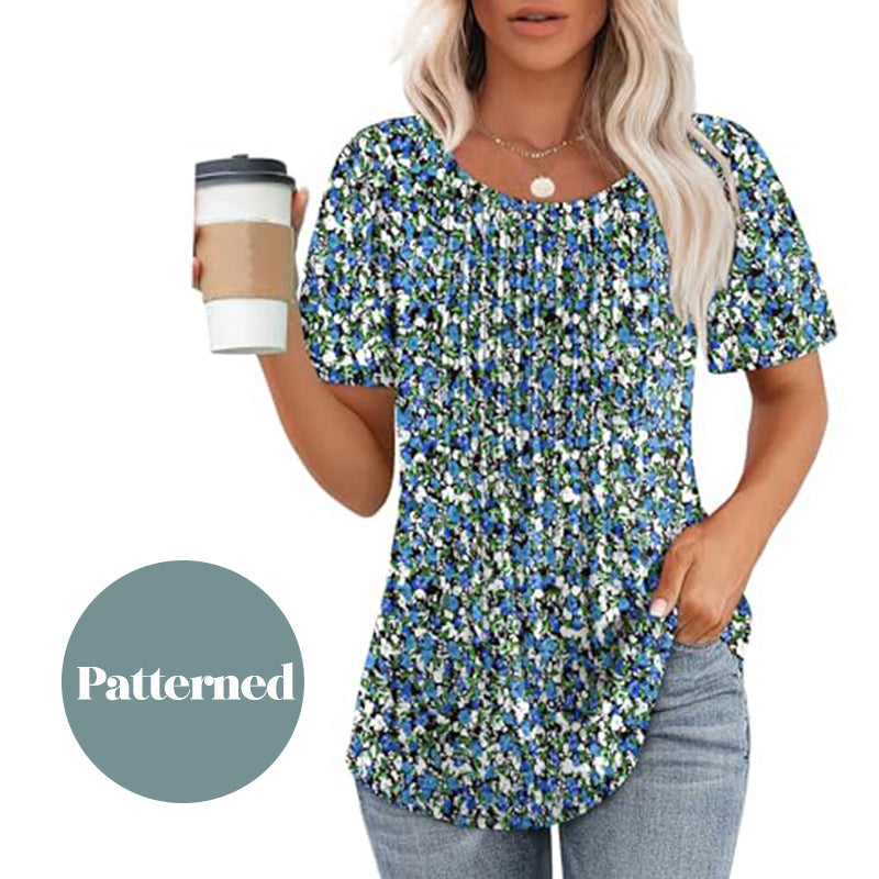 💖Kurzärmeliges Sommer-T-Shirt mit Rundhalsausschnitt und Falten