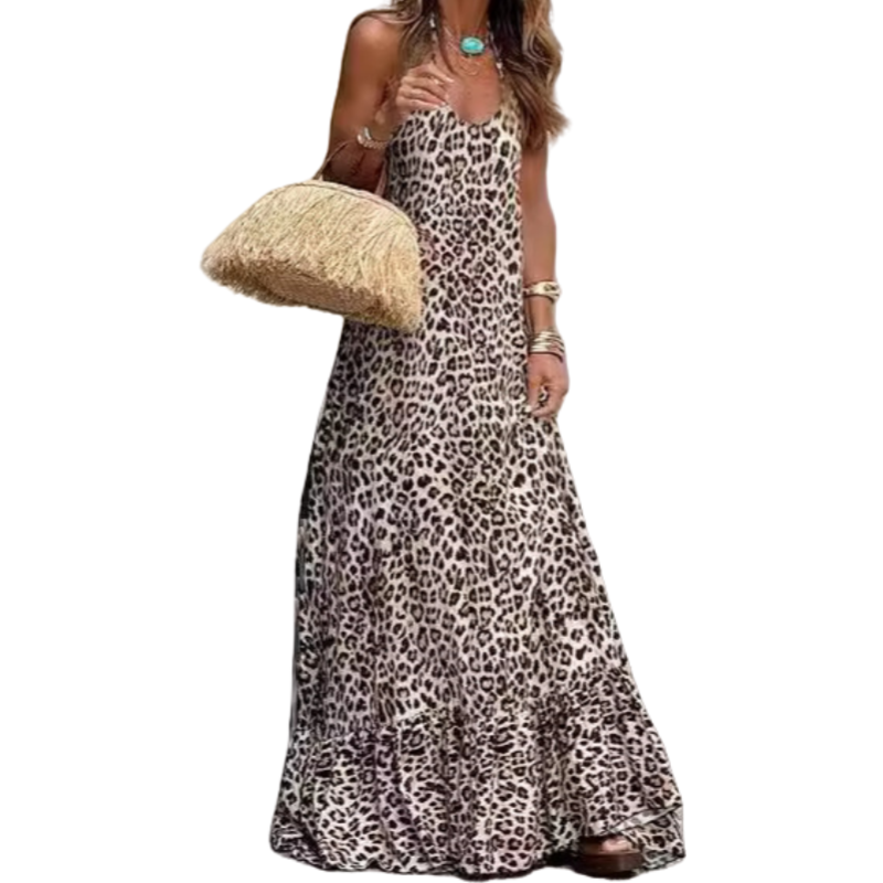 Sexy, rückenfreies, langes Neckholderkleid mit Leopardenmuster für Damen