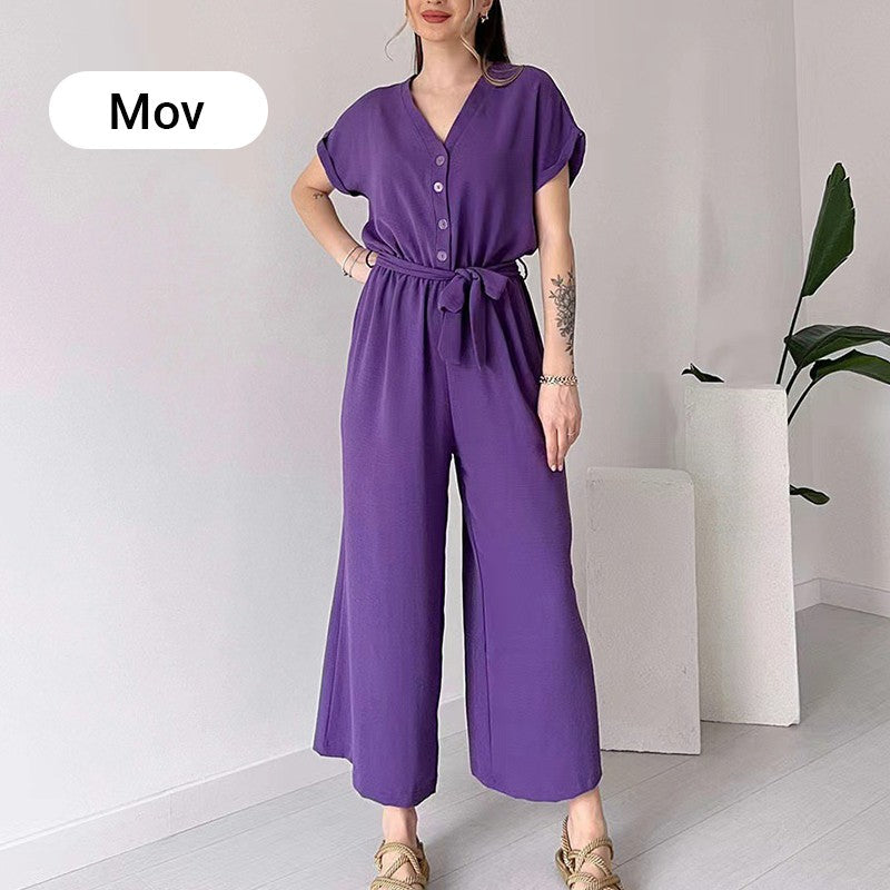 💖 Lässiger Damen-Overall mit V-Ausschnitt und kurzen Ärmeln