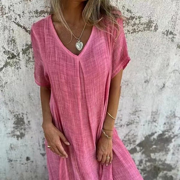 🔥LETZTER TAG DES VERKAUFS 49 % RABATT🔥 Damenlockeres V-Ausschnitt-Kleid aus Baumwoll-Leinen