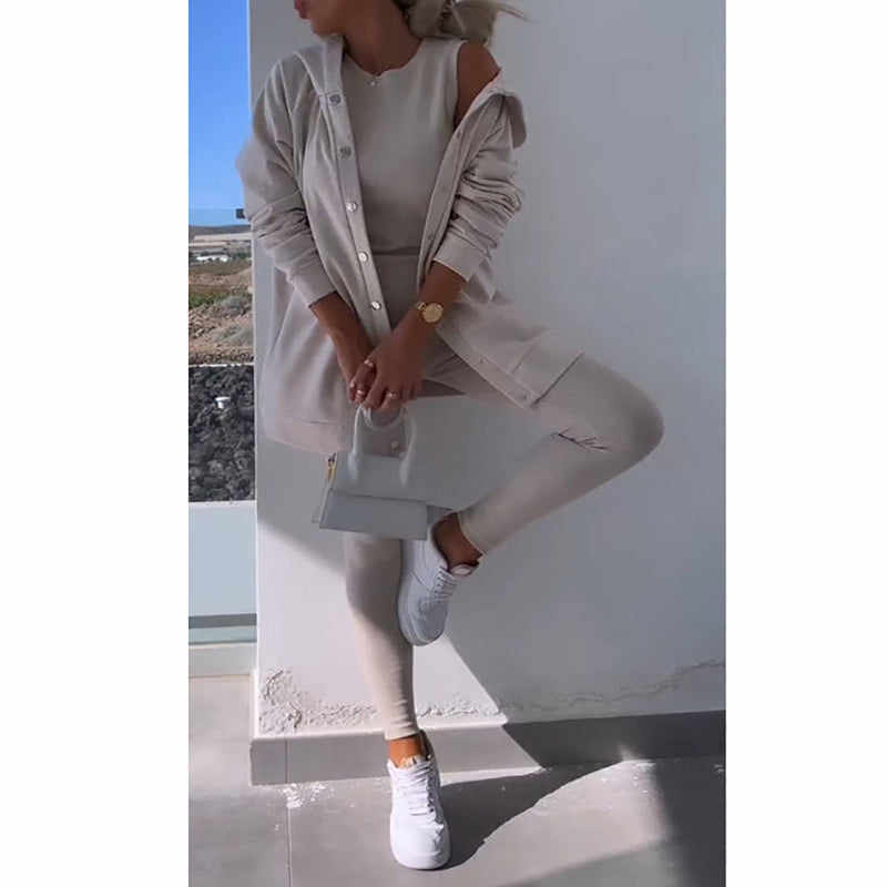 šStrickjacke mit Kapuze, Weste, Leggings, dreiteiliges Set
