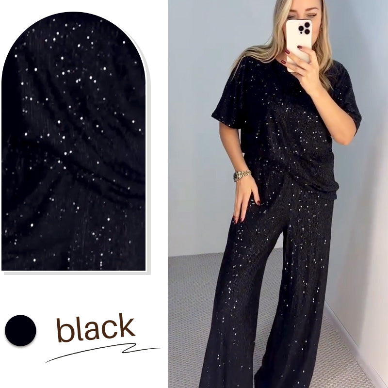 💖Pailletten-Rundhalsoberteil und weite Hose für Damen✨