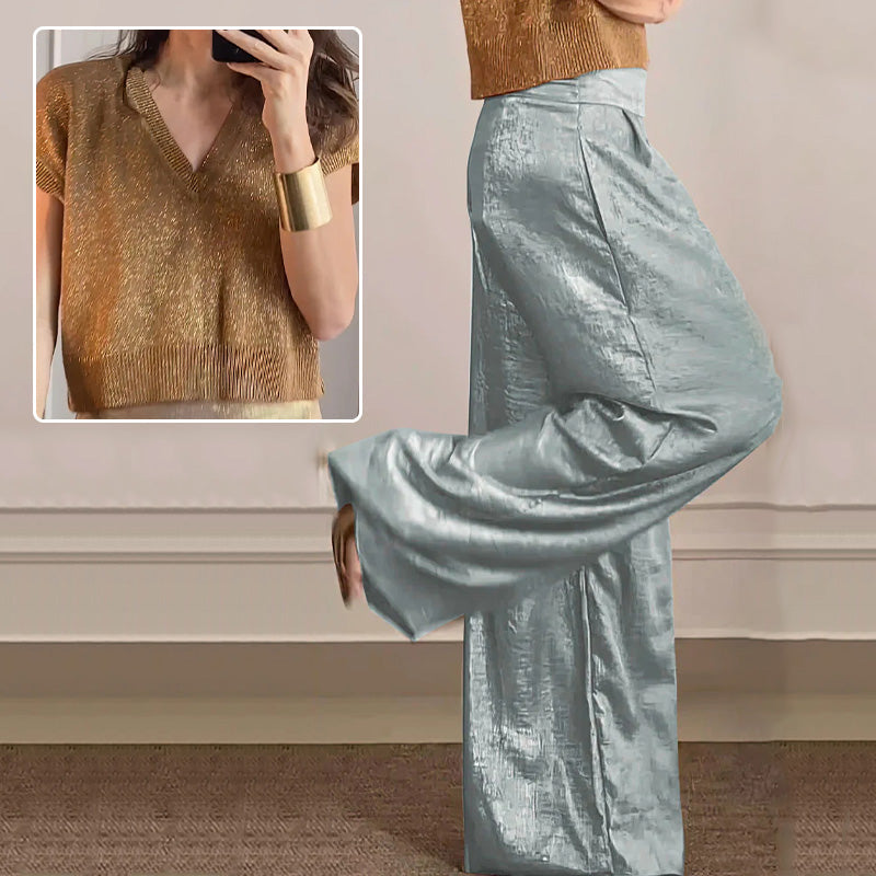đ„GlĂ€nzende Strickjacke und weite Hose fĂŒr Damen im 2er-Set.