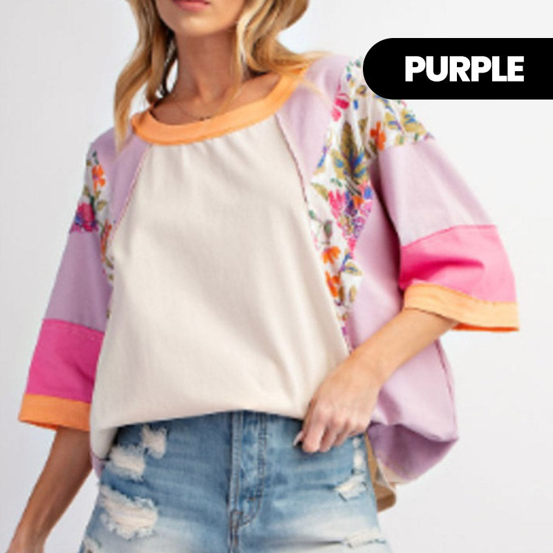 Damenbluse mit Fledermausärmeln und 3/4-Ärmeln, gestreift, Patchwork