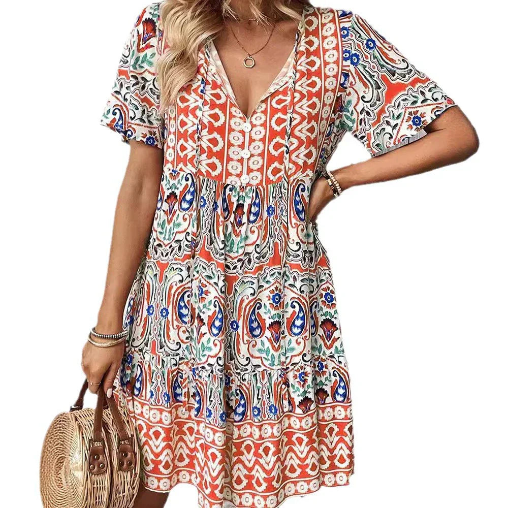 Boho Urlaubskleid mit V-Ausschnitt