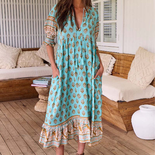 Boho-Blumenkleid mit V-Ausschnitt und hoher Taille in A-Linie
