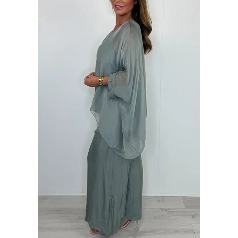 Damen elegantes Freizeit-Set aus Chiffon: Oberteil & Weitbeinhose