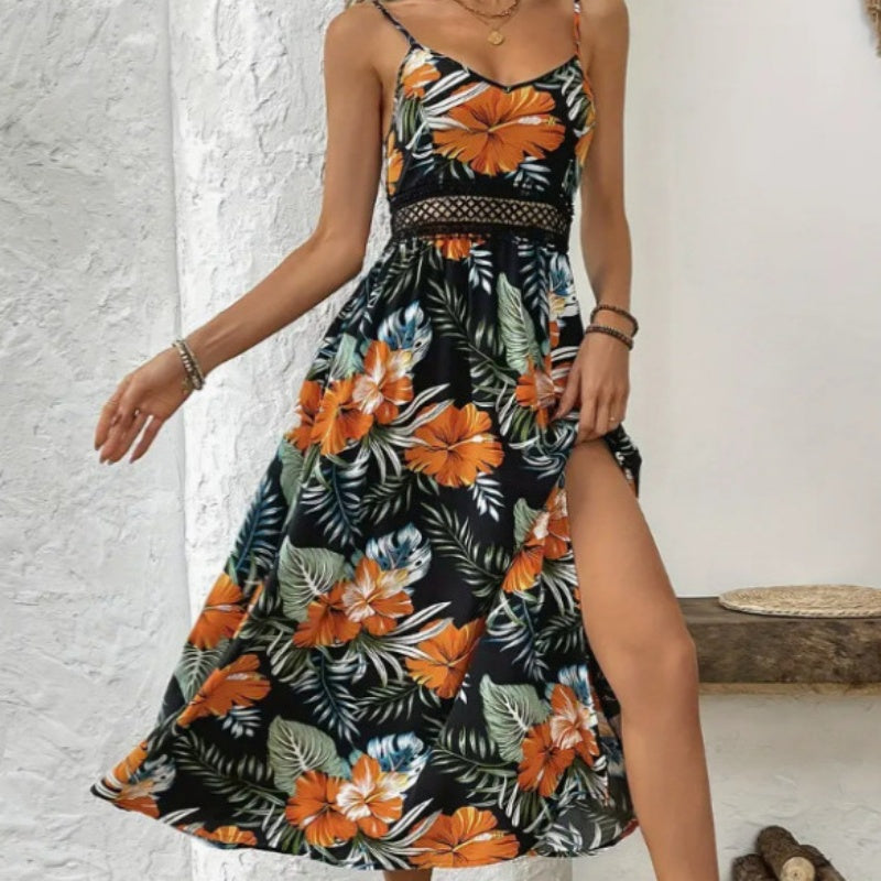 Fließendes Kleid mit Blumenmuster und hohem Schlitz für Damen mit Spaghettiträgern