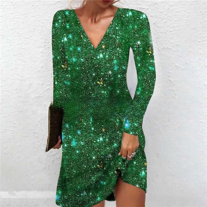 Anmutiges Langarmkleid mit Glitzerpailletten und V-Ausschnitt