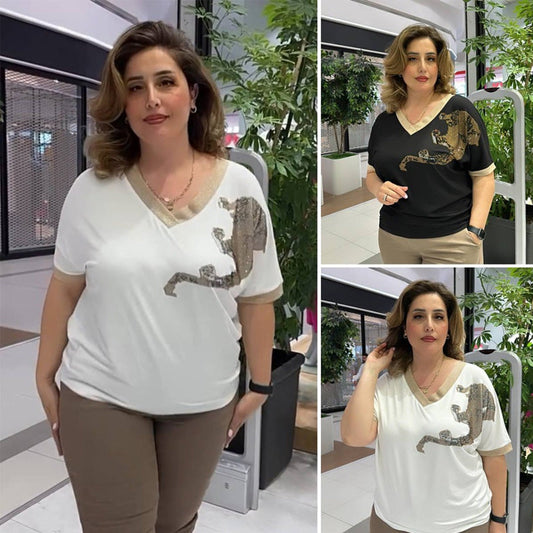 Damen lässiges elegantes Oberteil mit Druck und V-Ausschnitt