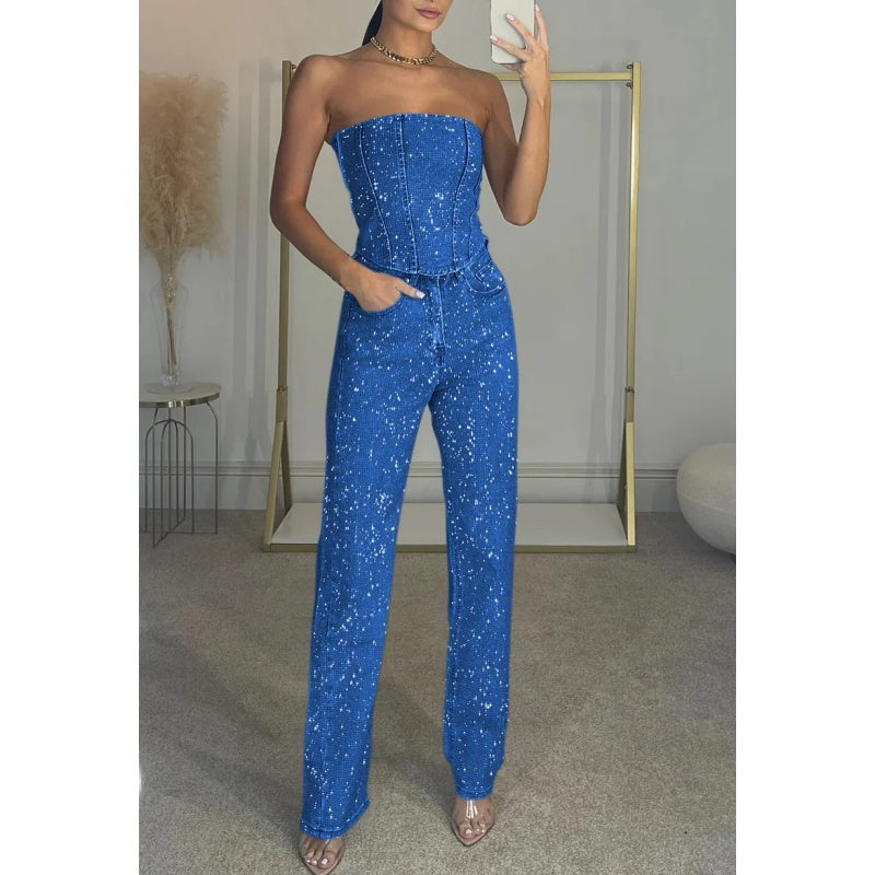 2-teiliges Set aus Glitzeroberteil und -hose für Damen