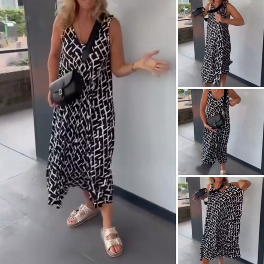 Frauen ärmelloses V-Ausschnitt gedruckte Kleider