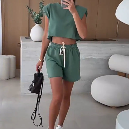 🔥Women's Fashion Solid Colour Ärmelloses Top und Shorts Zweiteiliges Set