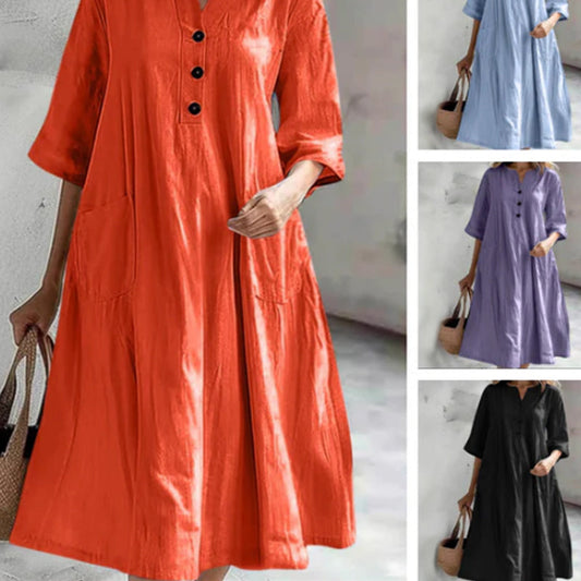 Locker sitzendes Damenkleid mit V-Ausschnitt und Taschen