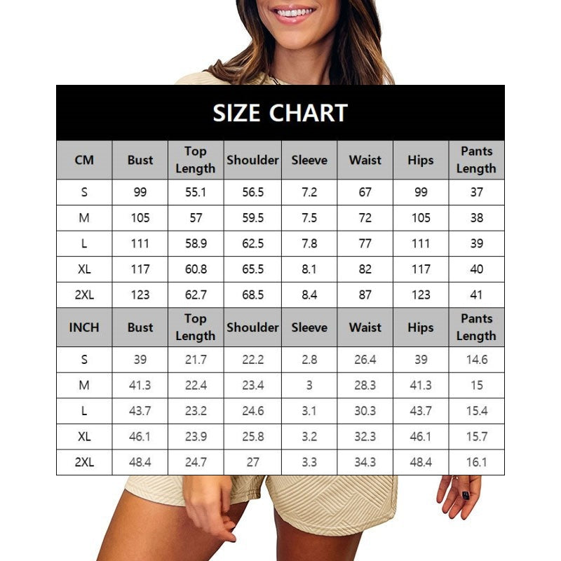 Damen einfarbiges Set aus strukturiertem Stoff: Kurzarm-Oberteil und Shorts mit Kordelzug