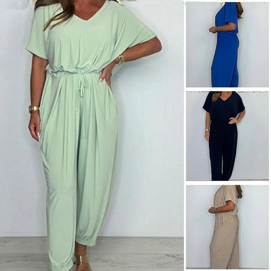 Damen Jumpsuit mit V-Ausschnitt, einfarbig und lockerer Taille