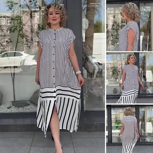 Damen lockeres langes Kleid mit Streifen und Knopfleiste