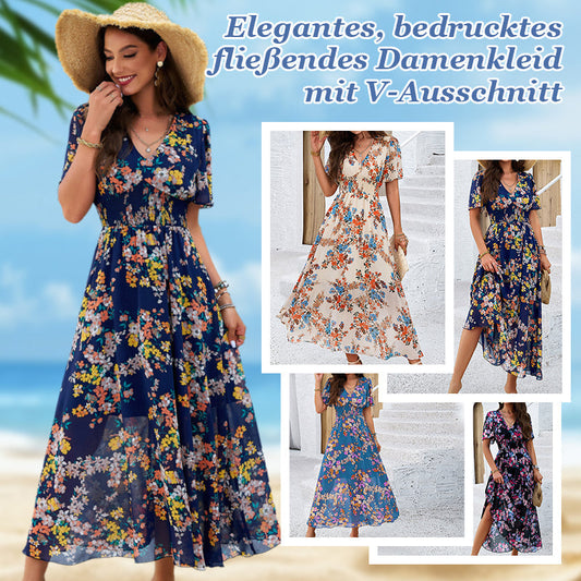 Elegantes, bedrucktes, fließendes Damenkleid mit V-Ausschnitt