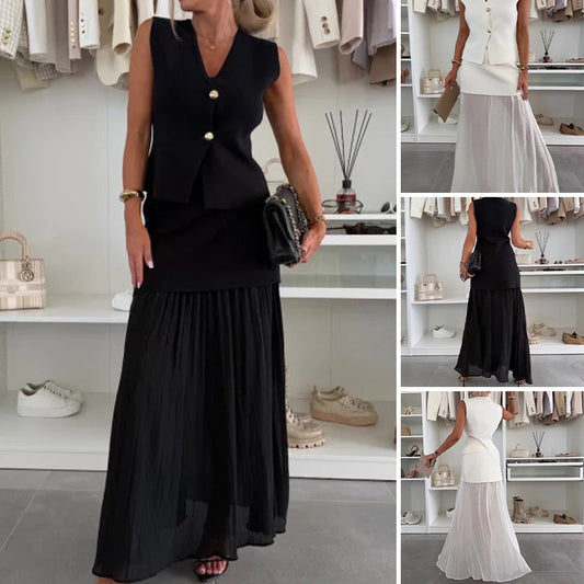 ✨2025 Sommerschlussverkauf✨💃Damen-Set aus Strickweste mit Goldknöpfen und Rock