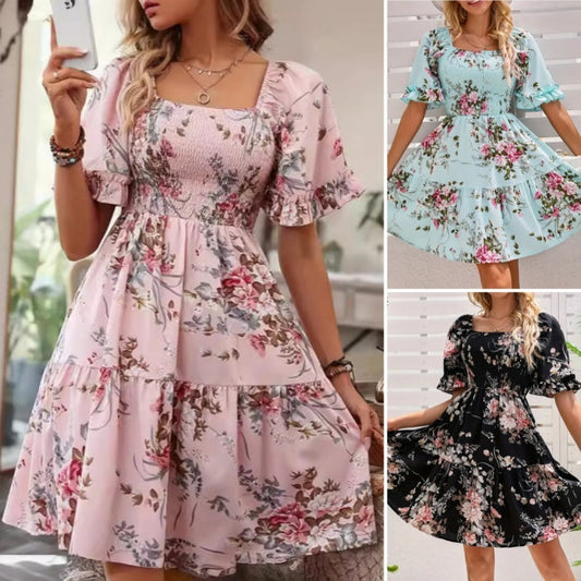 Elegantes, gesmoktes Kleid mit quadratischem Ausschnitt und Blumendruck für Damen
