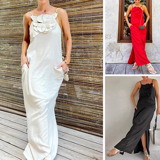 Elegantes Maxikleid mit Spaghettiträgern und floralem Akzent für Damen