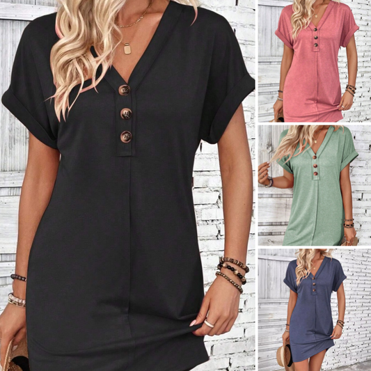 Damenmode Hundert Einfarbige Kleider mit Knöpfen, V-Ausschnitt und Rollärmeln