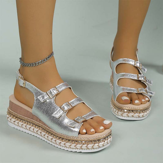 Damen Sommer Sandalen mit dicker Plateausohle und Knöchelriemen