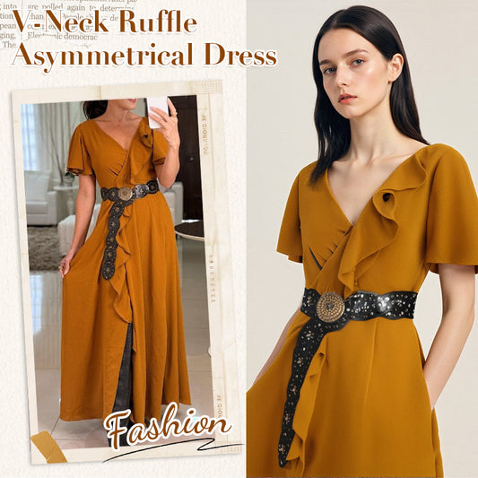 Asymmetrisches Kleid mit V-Ausschnitt und Rüschen für Damen