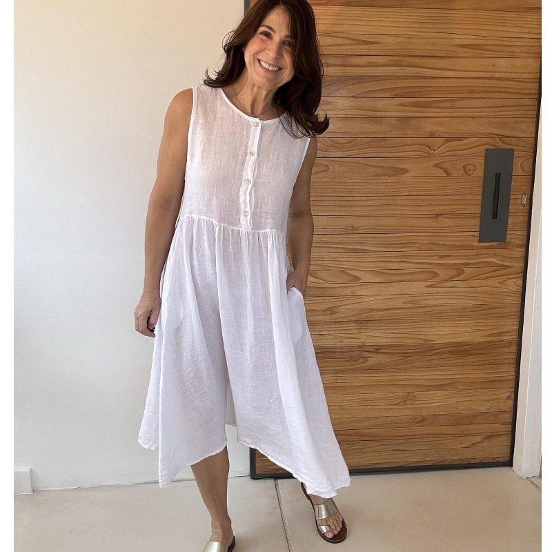 Einfarbiges, ärmelloses Kleid mit Rundhalsausschnitt und Knopfleiste