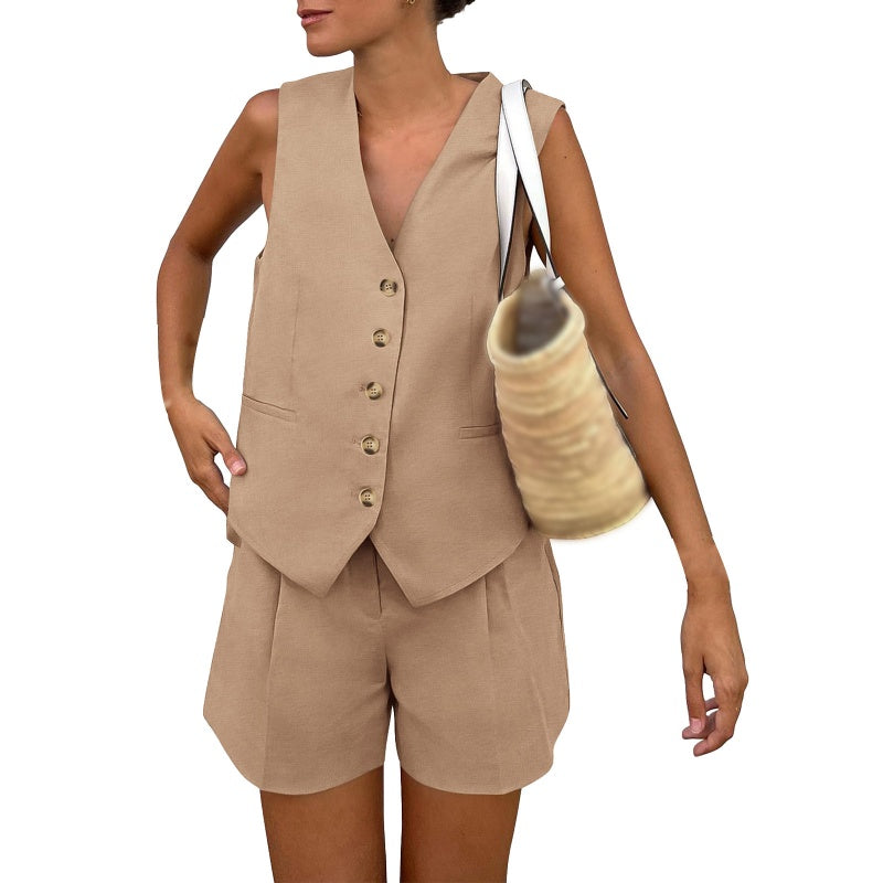 Lässiges, ärmelloses Damen-Zweiteiler-Set aus Oberteil und Shorts mit V-Ausschnitt