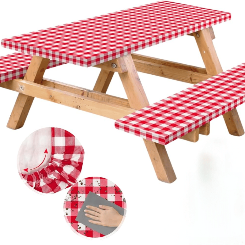 Passgenaue Picknicktischabdeckung 3-teilig – Wasserdichte Vinyl-Abdeckung Für 1,8 M Tisch Mit Bänken | Für Camping & Garten