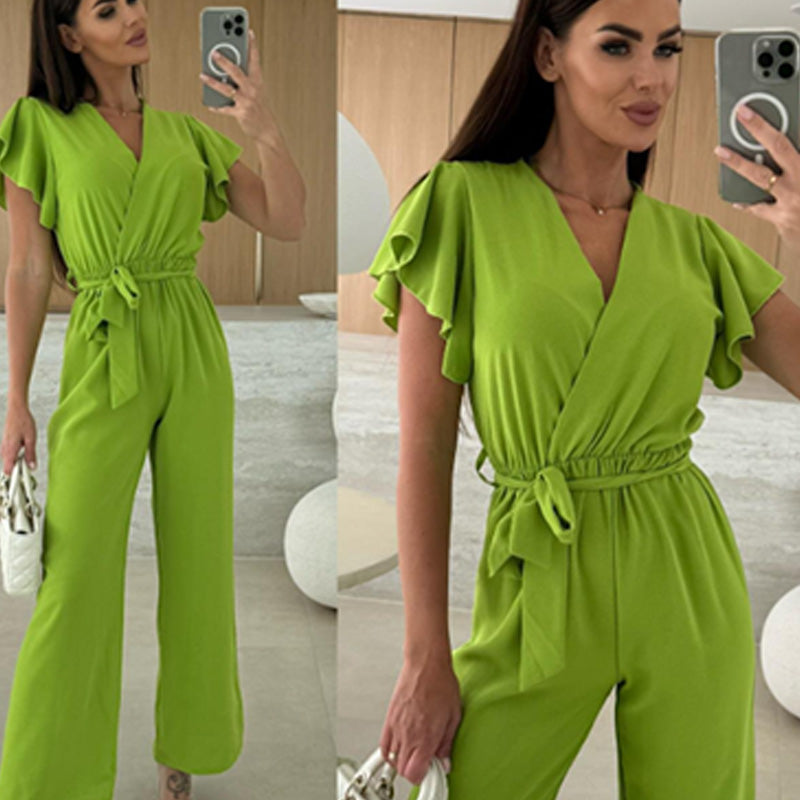 Damen einfarbiger Jumpsuit mit V-Ausschnitt, Rüschenärmeln und weitem Bein