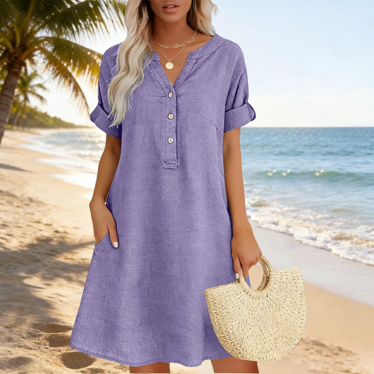 🥳Sonderangebot 2026🥳 Tunika-Kleid für Damen mit V-Ausschnitt – lockere Passform, Taschen und atmungsaktiv
