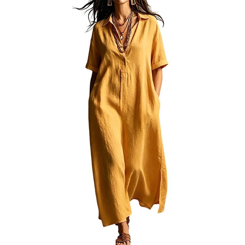 Damen elegantes Baumwoll-Leinen Kurzarm-Reverskleid