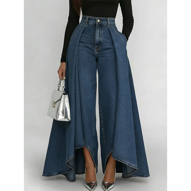 Damen Hochtaillierte Weitbein-Jeans mit High-Low-Saum
