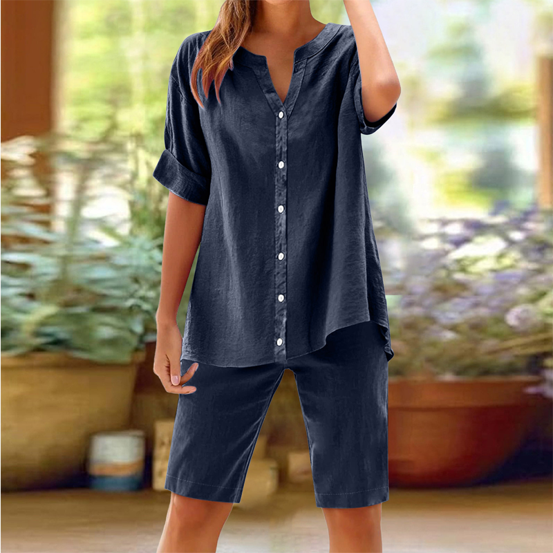 Damen Leinen V-Ausschnitt Hemd & Shorts Set