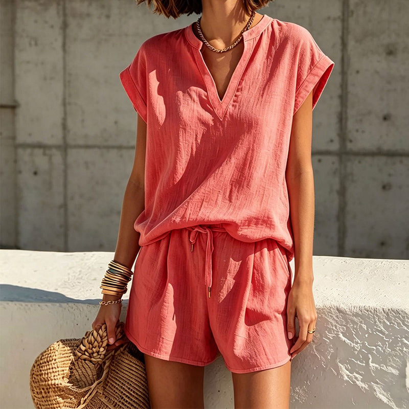 Damen lässiges V-Ausschnitt Oberteil & Shorts Set