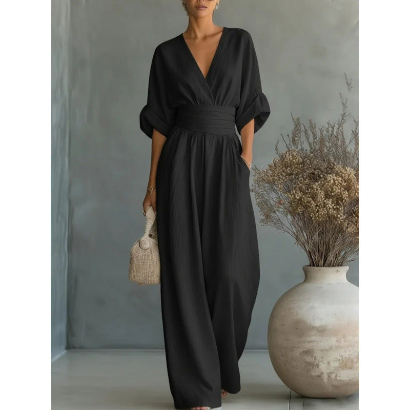 Damen V-Ausschnitt Hochtaillierter Weitbein-Jumpsuit