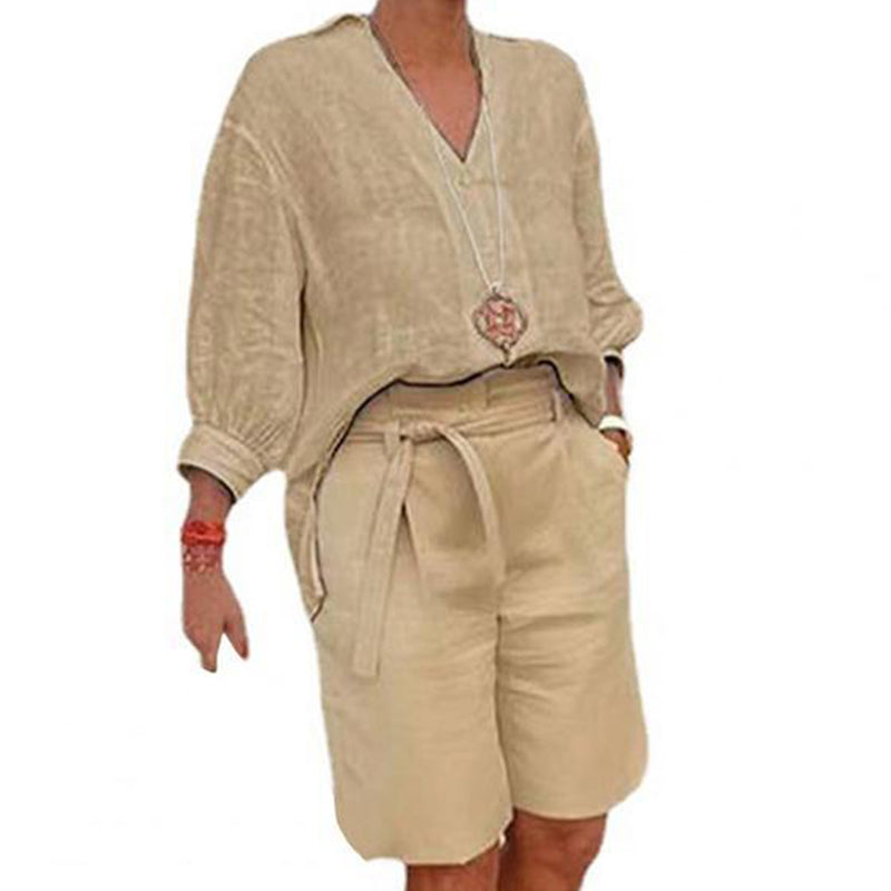 Damen lässiges V-Ausschnitt-Oberteil und Shorts Set
