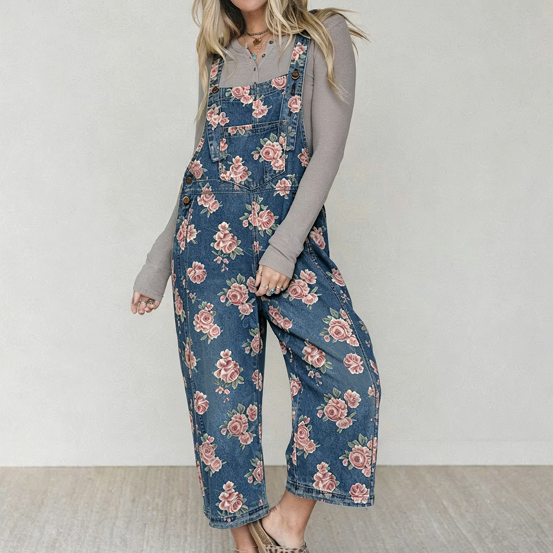 Vintage-Jeans-Latzhose für Damen mit Blumenmuster