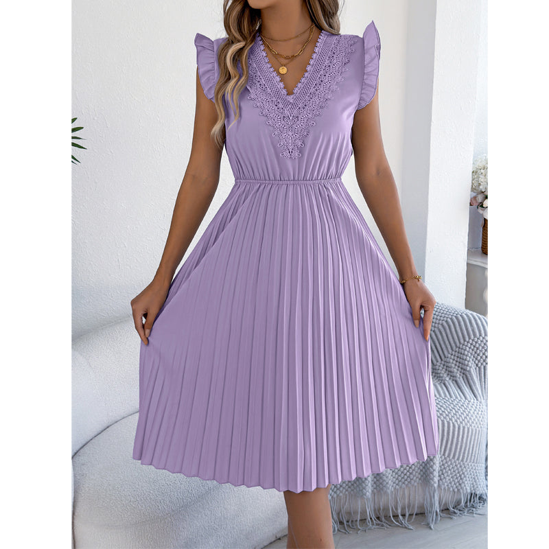 Damen Spitzen-V-Ausschnitt-Kleid mit Rüschenärmeln und Falten-Midi-Kleid