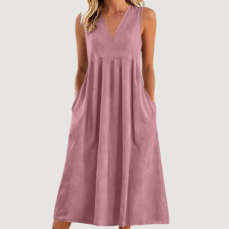Damen lässiges V-Ausschnitt-ärmelloses Midi-Kleid