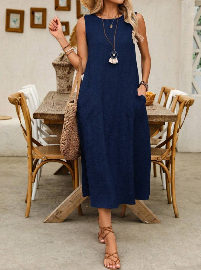 📈 Verkaufshit Nr. 1 – direkt 50%! Ärmelloses Freizeitkleid für Damen mit Rundhalsausschnitt – locker sitzendes Maxikleid im Leinen-Look mit Taschen
