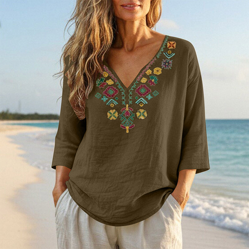 Vintage-Oberteil mit Blumenstickerei und V-Ausschnitt für Damen