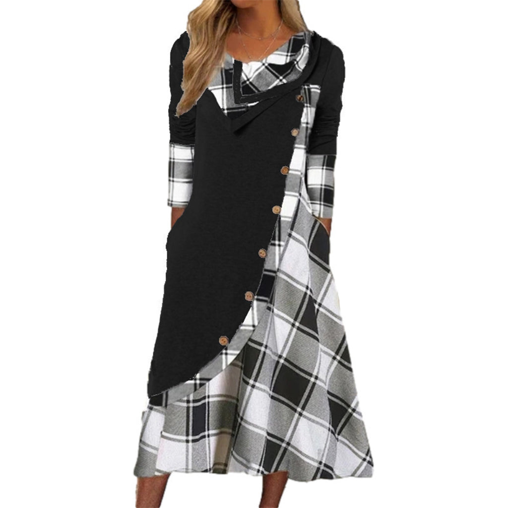 📢📢50%Rabatt!!!🎉✨Damen Maxikleid mit Karomuster und Kragen im Patchwork-Stil